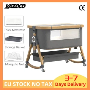 Portable Foldable Baby Crib 3-in-1 Adjustable Height with Rotatable Wheels Shaker Bassinet Mosquito Net Newborn Baby Bed
